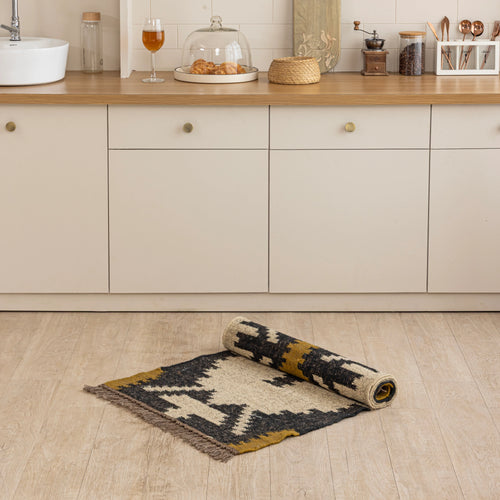 Handwoven Kilim Runner Rug – Beige & Black Tribal Pattern, Jute & Wool Blend, Reversible Flatweave with Fringe Tassels